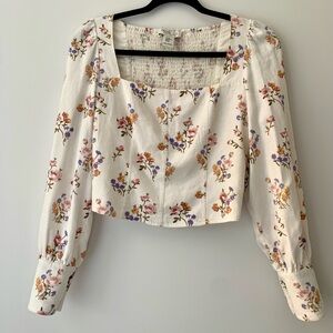 Rachel Zoe Cream Floral Square-Neck Puff Sleeve Crop Top